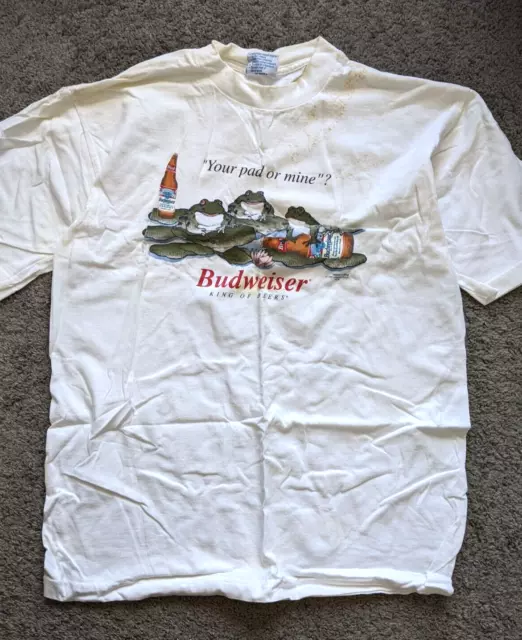 VTG UNWORN 90s 1995 BUDWEISER MEN LARGE GRAPHIC T-SHIRT FROGS YOUR PAD OR MINE?