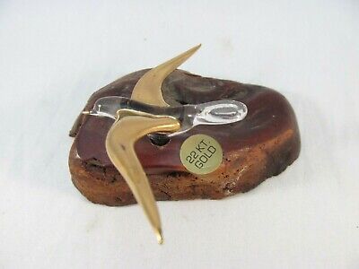 Art Glass Seagull Sculpture Figurine on Burl Wood Base 22k Gold Accent on Wings