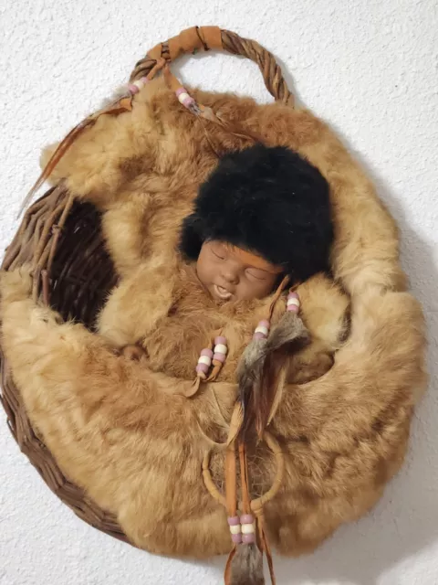 Vintage Native American Indian Papoose Porcelain Baby Doll In Wicker Cradleboard