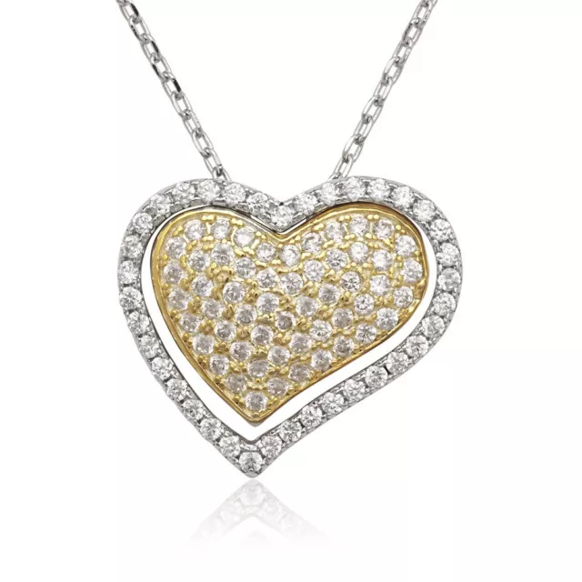 Sterling Silver  Open CZ Heart with GP CZ Heart Inside Necklace