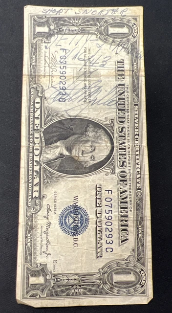 1935A United States $1 Blue Seal Silver Certificate Short Snorter Note