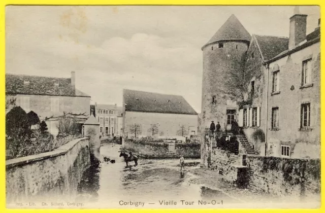 cpa 58 - CORBIGNY (Nièvre) VIEILLE TOUR de l' ABBAYE Animée CAVALIER CHEVAL