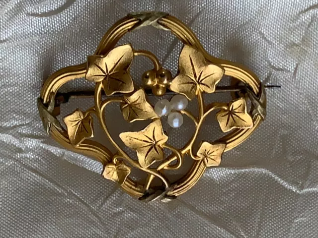 Antique French ART NOUVEAU Edwardian Gold Plated Brooch with micro pearls