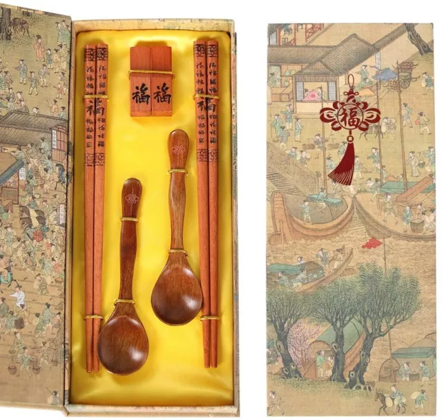 Chinese Reusable Wooden Chopsticks Spoon with Holder & Portable Cloth Bag,
