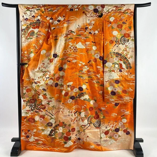 Japanese Kimono Furisode Pure Silk Flower Cart Running Water Gold Thread Orange