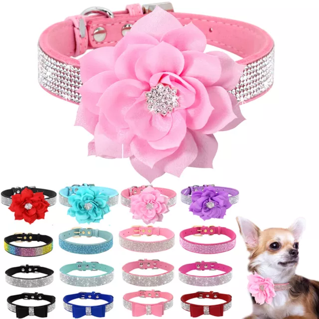 Rhinestone Crystal Dog Cat Collar with Bow Tie & Flower Suede Leather Necklace