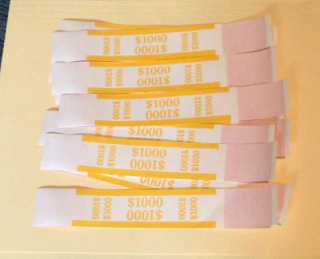25 New Self Sealing Yellow $1000 Currency Straps  Bands for cash money bank bill