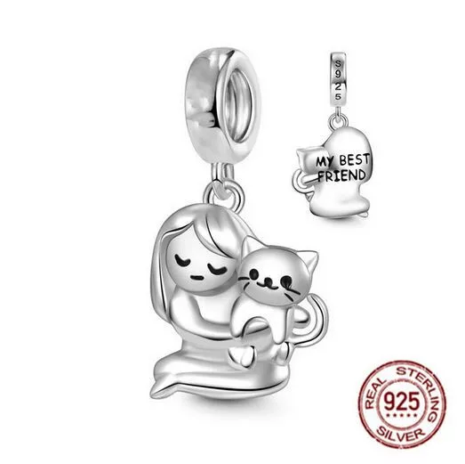 Charm Dangle 925 Silber Mädchen mit Katze - Anhänger für Pandora Armband