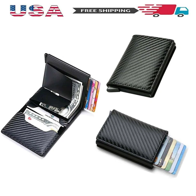 Mens Carbon Fiber Leather Wallet Purse Slim RFID Blocking ID Credit Card Holder