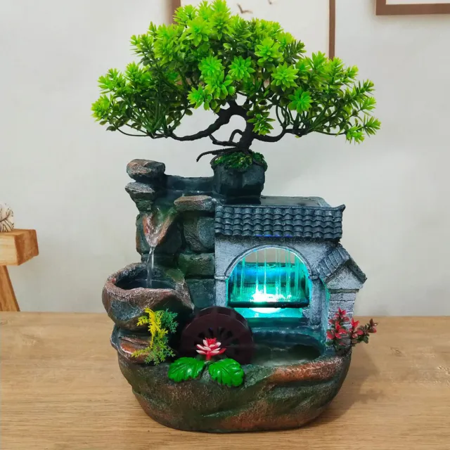 Desktop Fountain Waterfall Rockery Ornament Feng Shui Decor w/ LED Light