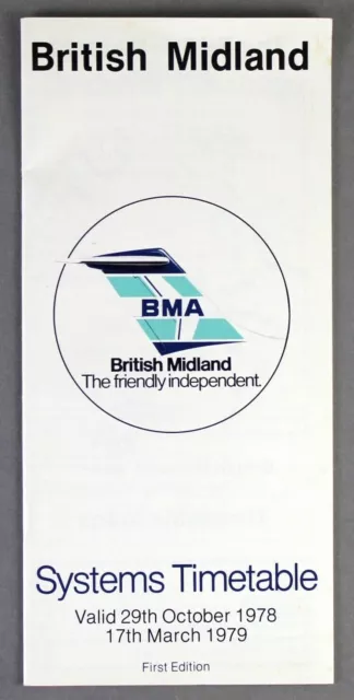 British Midland Airways Airline Timetable Winter 1978/79 Bma First Edition