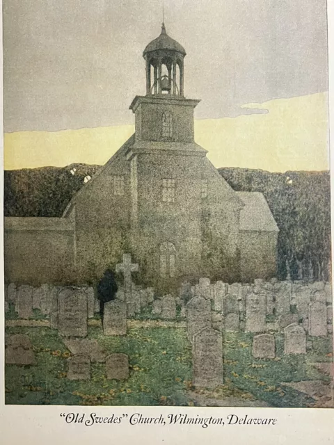 1923 J. GUERIN OLD SWEDES CHURCH WILMINGTON - VINTAGE PAINTING PRINT 27x35cm LHJ