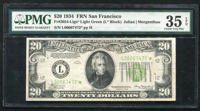 FR.2054-Llgs* 1934 $20 *STAR* FRN LIGHT GREEN SEAL SAN FRANCISCO,CA PMG VF-35EPQ
