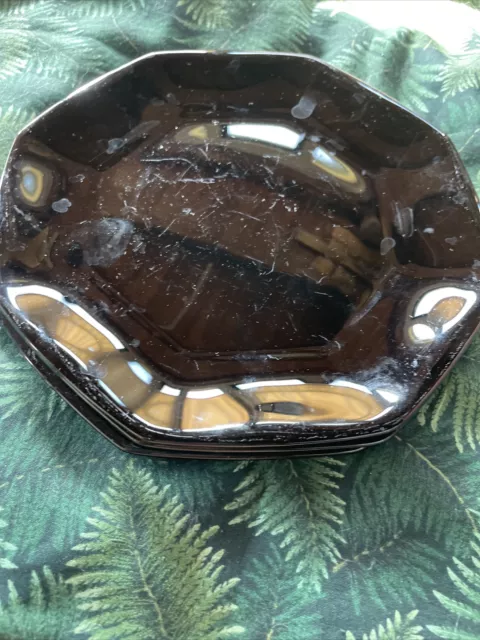 4 Arcoroc Octime Black Glass Bread, Side Salad Plates 7." Octagon Vtg France
