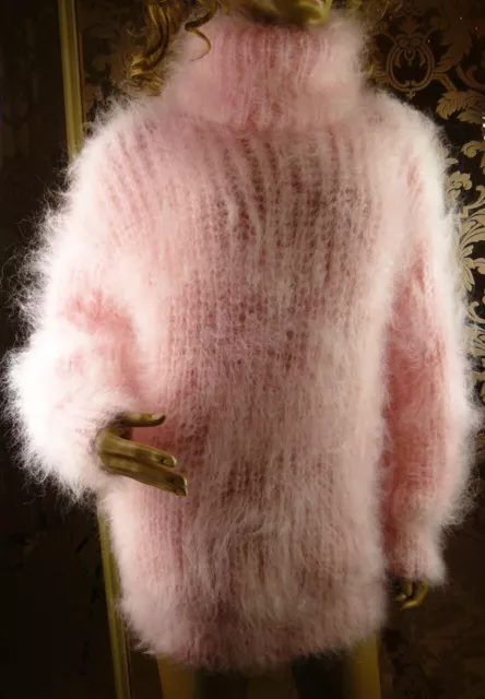 New Handmade Hairy Light Pink Mohair Ribbed T- Neck Pullover Sweater size L - XL