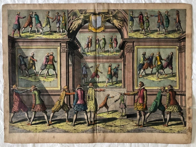 Rare Antique Colored Engraving 1628 FENCING Willem Jacobsz Delff 73.6x54.8cm