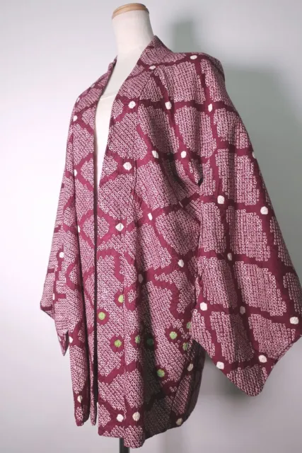 8816A4 Silk Vintage Japanese Kimono Haori Jacket Full Shibori Lattice