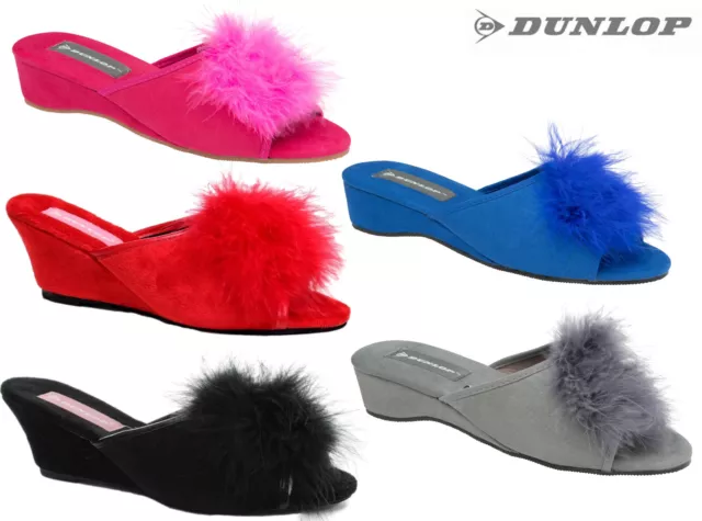 Ladies Womens Wedge Slippers Dunlop Feather Pom Pom Faux Suede Mules Heel Shoes