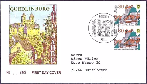 BRD 1994: Quedlinburg! FDC der Nr 1765 mit Bonner Sonderstempel! Gelaufen! 20-12