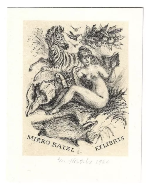 EMIL KOTRBA: Exlibris für Mirko Kaizl; weblicher Akt mit Buch, Leier, Zebra, 196