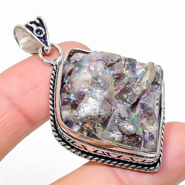 Titanium Druzy Gemstone Handmade 925 Sterling Silver Jewelry Pendant 2.21"