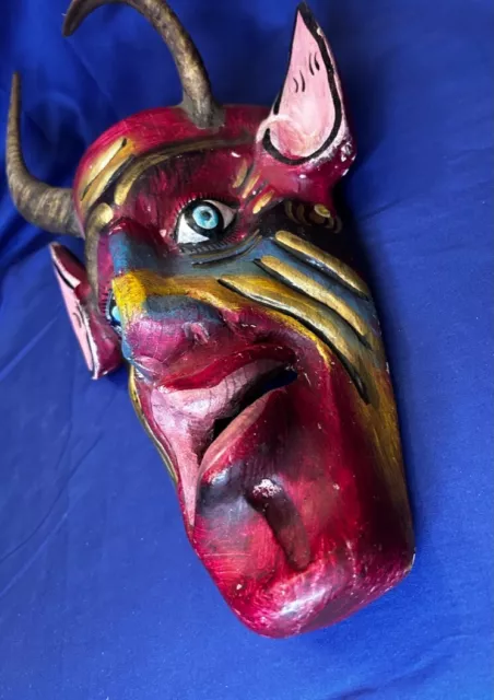 Vintage Carved Wood Paint Mexican Carnival Mask Devil Goat Horns El Diablo READ! 3