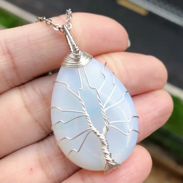 Opalite Gems Tree Of Life Necklace Water-drop Chakra Reiki Healing Amulet