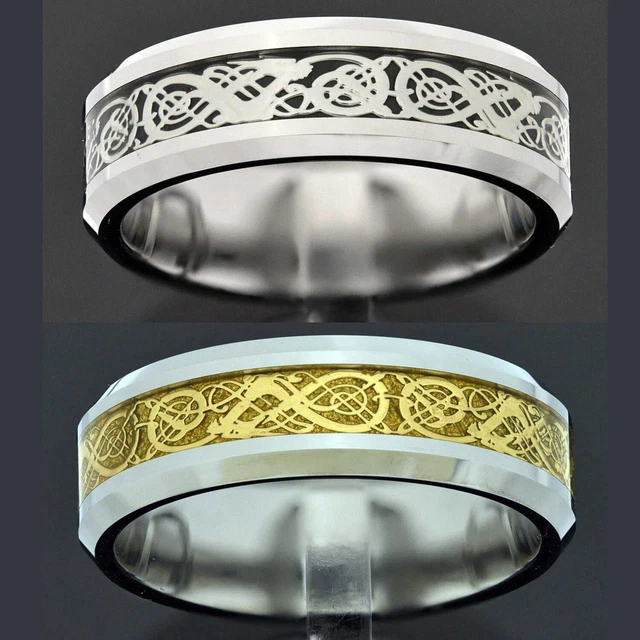 8mm Tungsten Gold or White Dragon Celtic Inlay Ring Mens Wedding Engagement Band