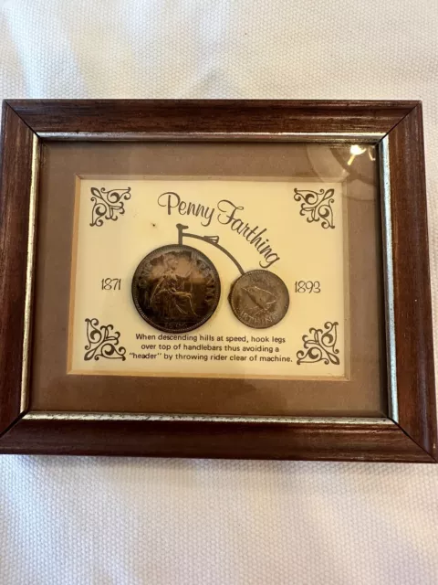 VTG Penny Farthing Bicycle Coin Framed Picture 1961 Penny & 1936 Farthing