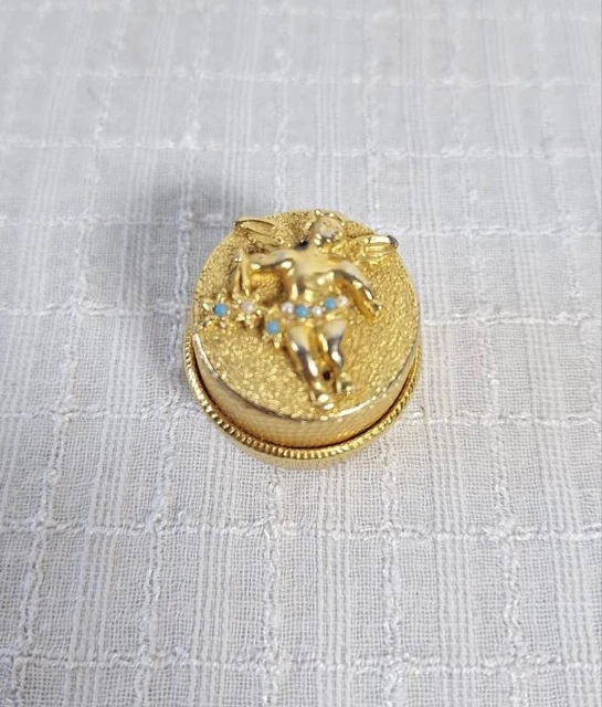 Pilulier En Métal Doré Gravé Motif Géométrique, Couvercle Onyx Vert - Modèle A24 - Neuf Sans Emballage