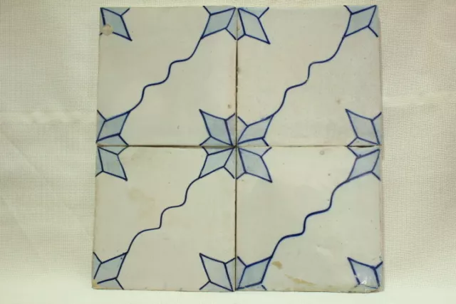4 Antique hand painted portuguese traditional Azulejo blue tile Flower 1 XIX