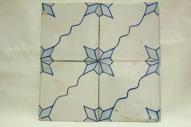 4 Antique hand painted portuguese traditional Azulejo blue tile Flower 1 XIX