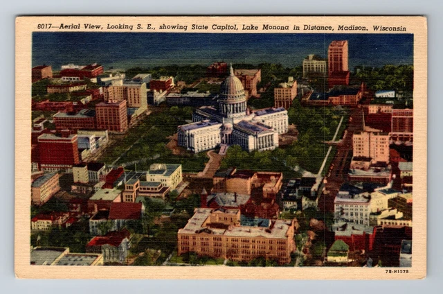 Madison, WI-Wisconsin, Aerial View, State Capitol, Lake, Vintage Postcard