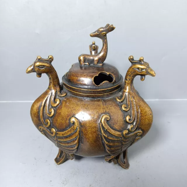 Rare Marked Chinese Copper Bronze Brass Three Phoenix Incense Burner Censer