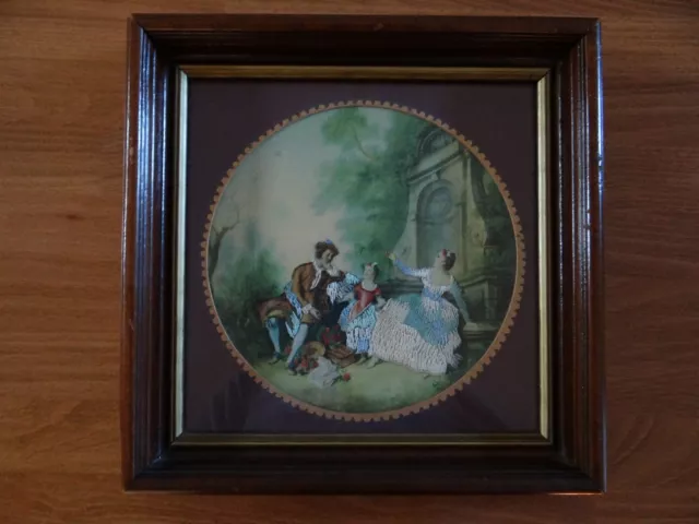 19th Century Embroidery Painting Romantic Matted and Framed