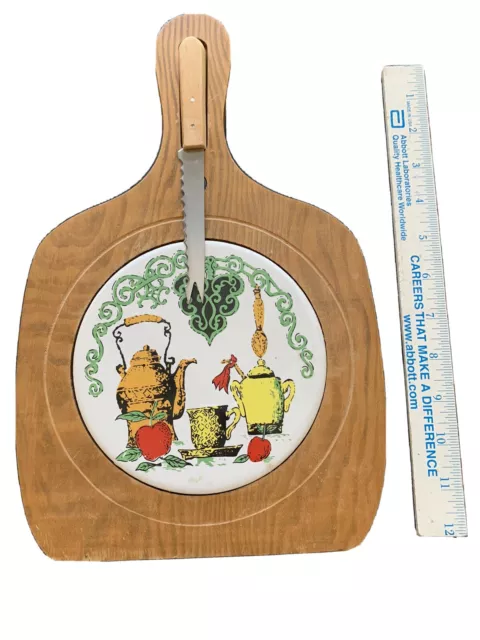 VINTAGE CHEESE BOARD & KNIFE SET Wood With Ceramic Tile
