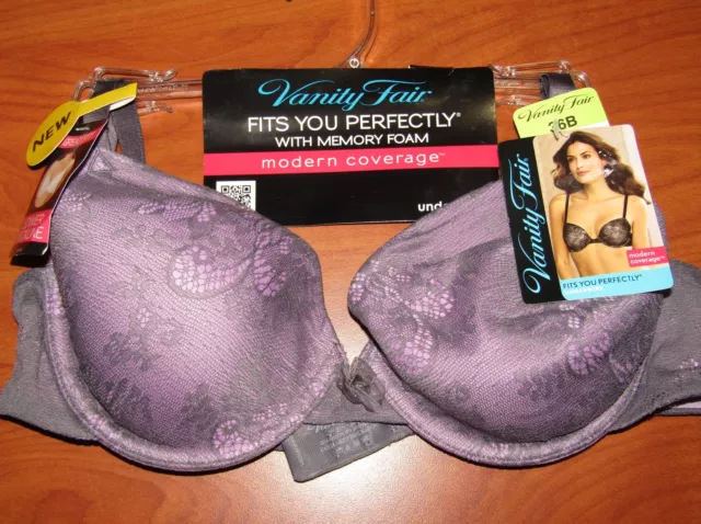 New Vanity Fair Fits You Perfect Purple With Gray Lace Bra 34B 36B - Style 75215