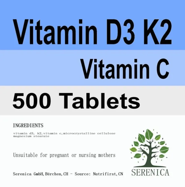 Vitamin D3 K2 1000 IU Vitamin C Healthy Bones Teeth x 500 Tablets