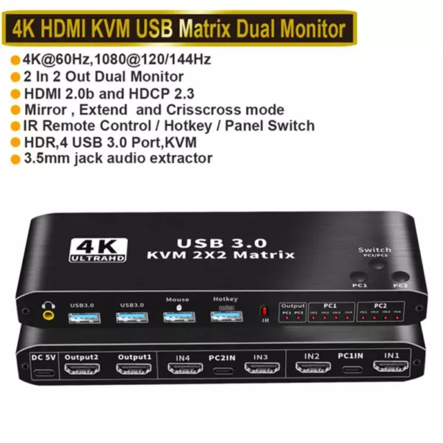 USB3.0 HDMI KVM Matrix Switch 4K 60Hz Dual Monitor Display Switcher