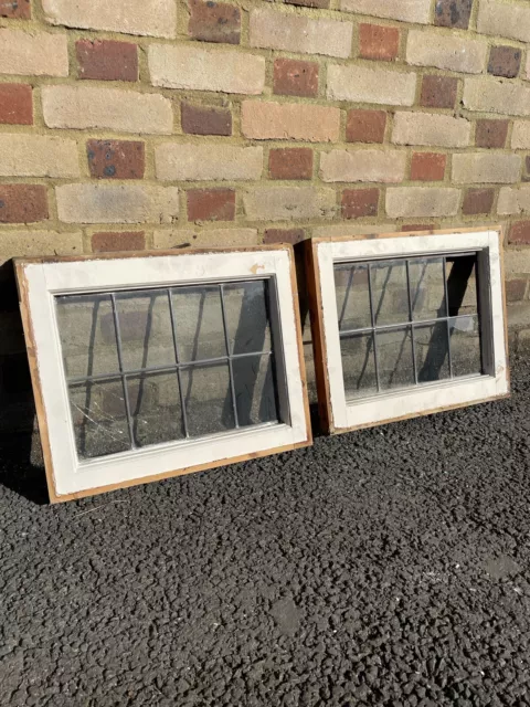 Pair Of Reclaimed Leaded Light Panel Wooden Windows