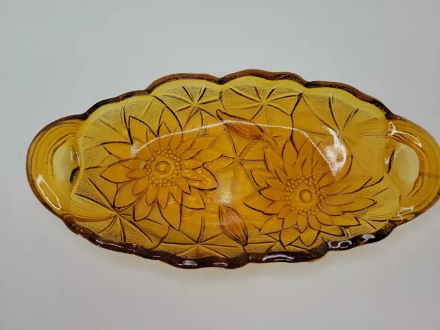 Indiana Glass Amber Lily Pons Pickle Relish Dish Handled Oval Bowl