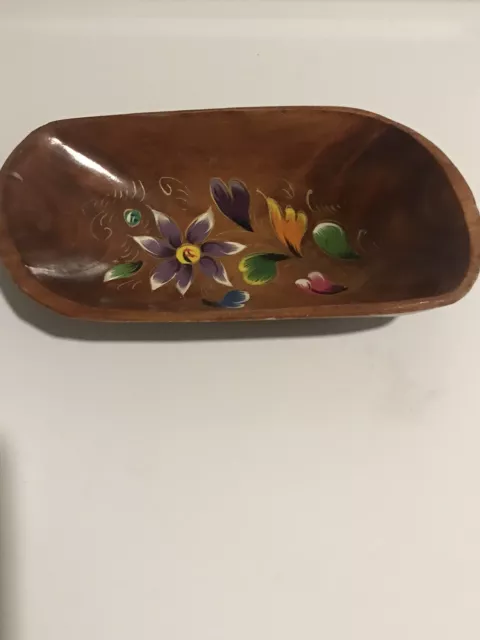 Folk Art Hand Painted Wood Carved Floral Bowl