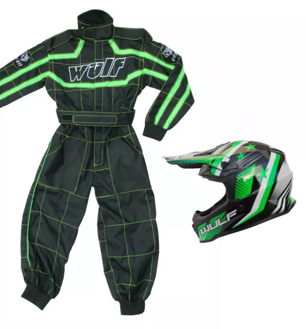 Kids Wulfsport Wulf MX Quad Motocross Overall And Helmet Green Set #O2