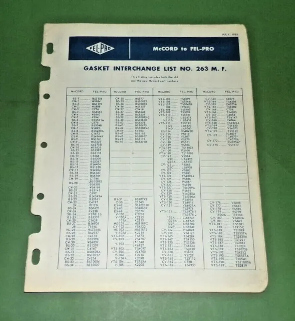 Vtg Gasket Catalog McCord to Fel-Pro Interchange List 263 M.F. 1955 (F32)