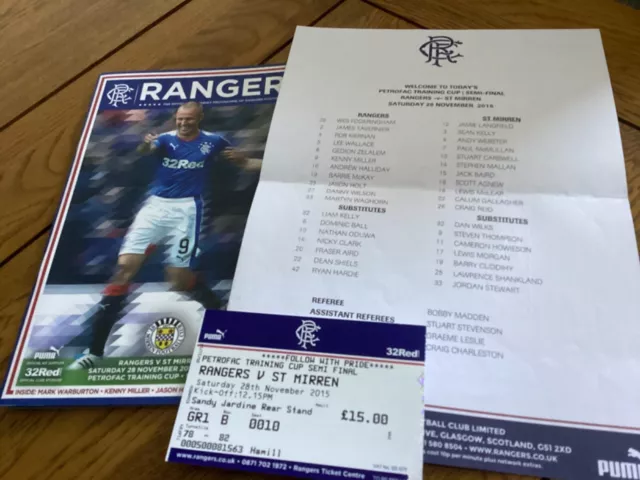2015/16 Rangers v St.Mirren Petrofac  Cup Semi Final - ticket and team  sheet