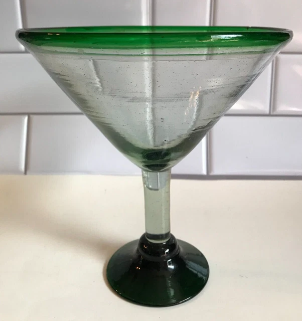 XLHAND BLOWN GREEN MARTINI GLASS WITH GREEN RIM & BASE 8" TALL x 7