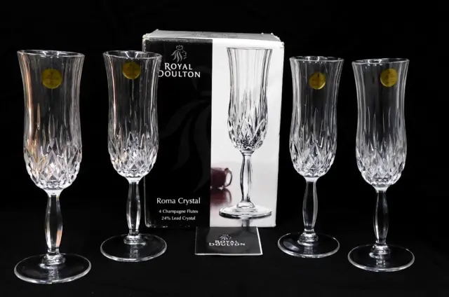 NEW~ Royal Doulton ~ROMA CHAMPAGNE FLUTES Cut Lead Crystal Glasses MIB ~SET OF 4