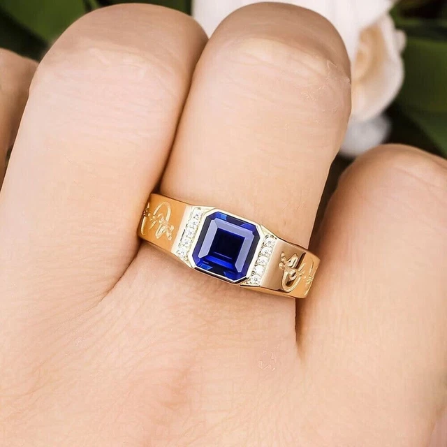 Men's 1.15 Ct Natural Blue Sapphire & Diamond Engagement Ring in 14K Yellow Gold