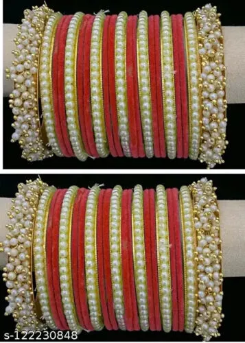 48Pieces Rote Farbe Kundan Perlen Glas Samt Armreif Set Mädchen / Damen Schmuck
