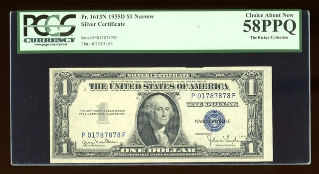 DBR 1935-D $1 Silver Fr. 1613N Narrow PF Block PCGS 58 PPQ Serial P01787878F